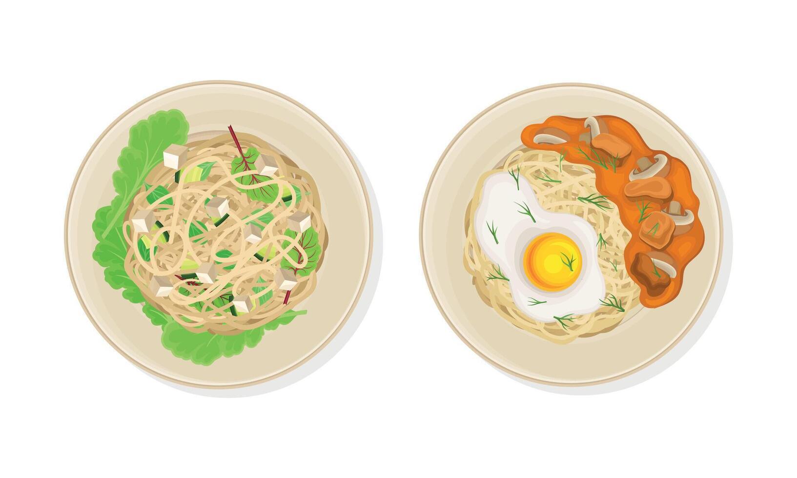 Thai Dish and Main Course with Noodles with Soft Cheese and Scrambled Egg Served on Plate Above View Set vector