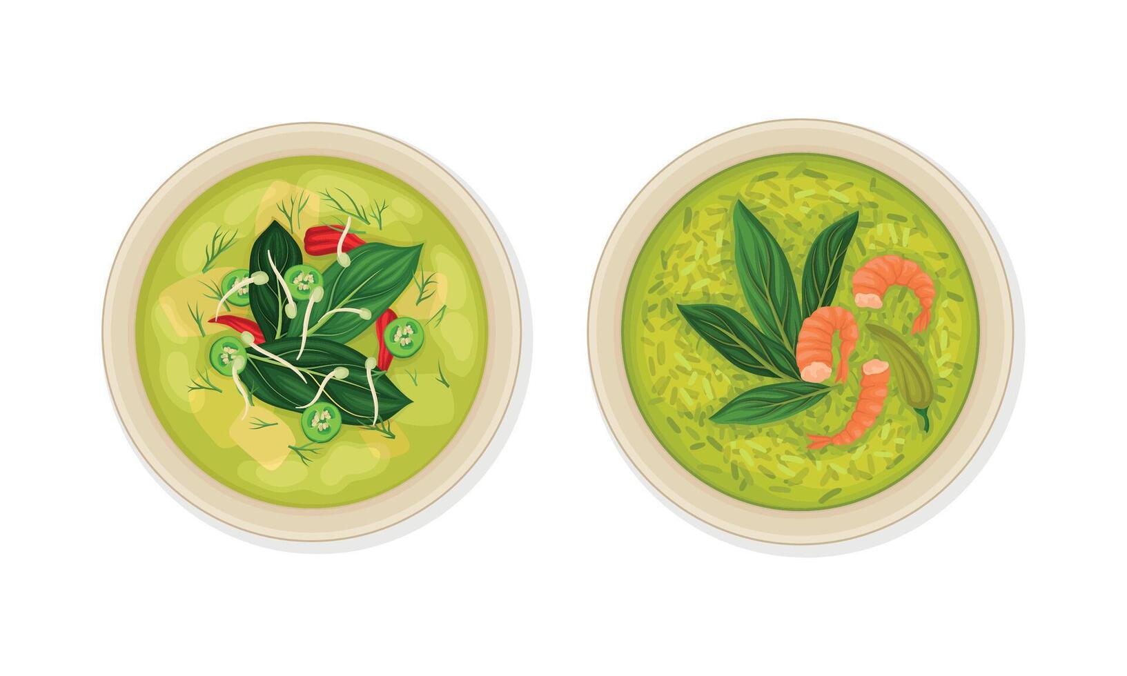 Thai Dish and Main Course with Rice Soup with Shrimp and Potherbs Served on Plate Above View Set vector