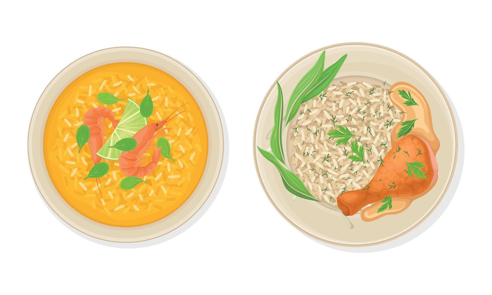 Thai Dish and Main Course with Shrimp Soup and Rice with Chicken Leg Served on Plate Above View Set vector