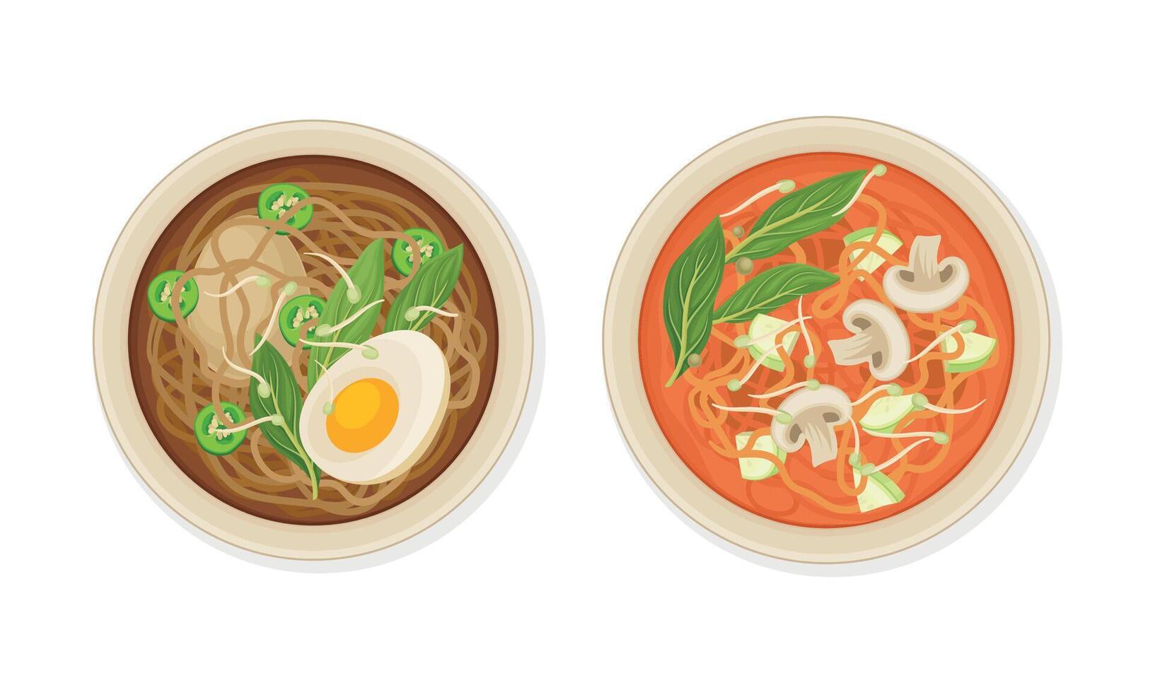 Thai Dish and Main Course with Noodle Soup with Mushroom and Boiled Egg Served on Plate Above View Set vector
