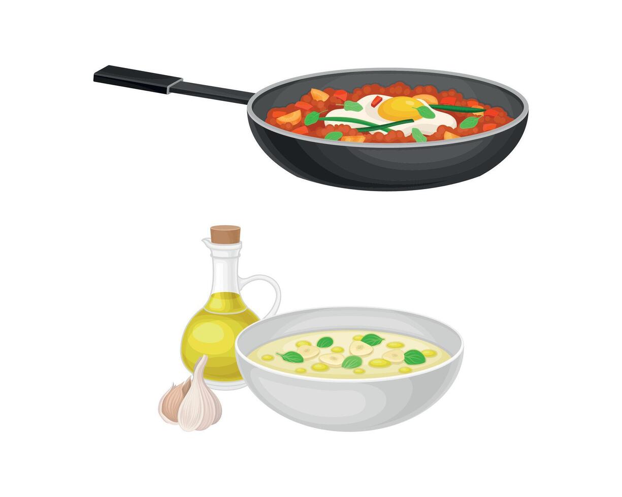 Creamy Corn Soup in Bowl and Stew of Beans and Tomato in Frying Pan as Spanish Cuisine Dish Set vector