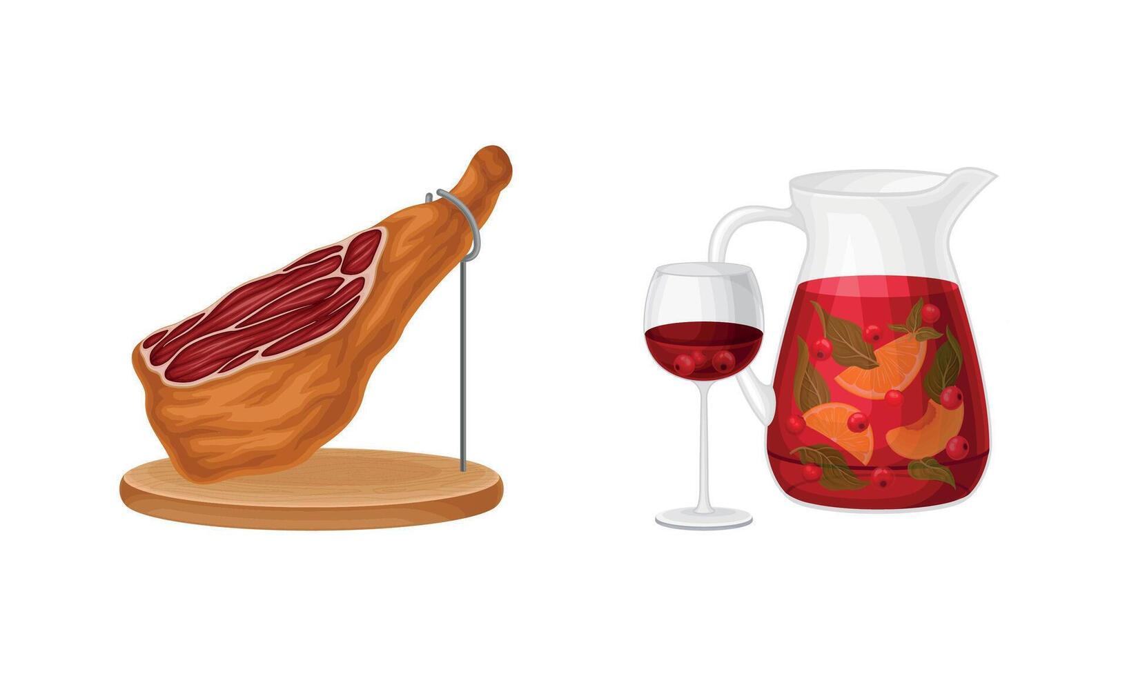 Dry Cured Bacon Gammon and Sangria Drink in Jug as Spanish Cuisine Gourmet Set vector