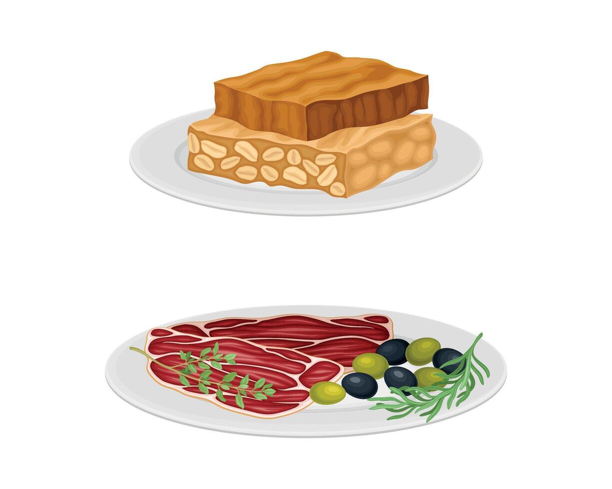 Sliced Beef Meat Garnished with Olive and Herbs and Turron Dessert as Spanish Cuisine Dish Set vector