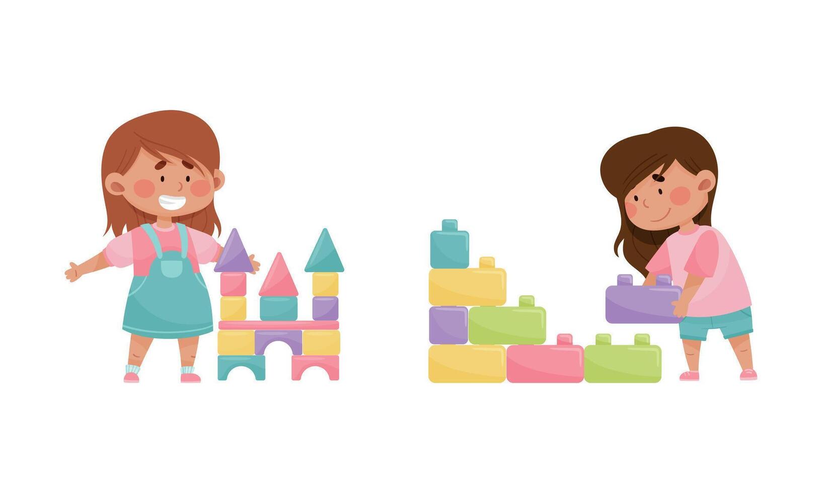 Little Girl Playing with Toy Blocks in Playroom Set vector