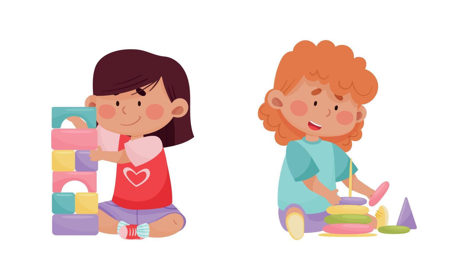 Little Girl Playing with Toy Blocks and Pyramid in Playroom Set vector