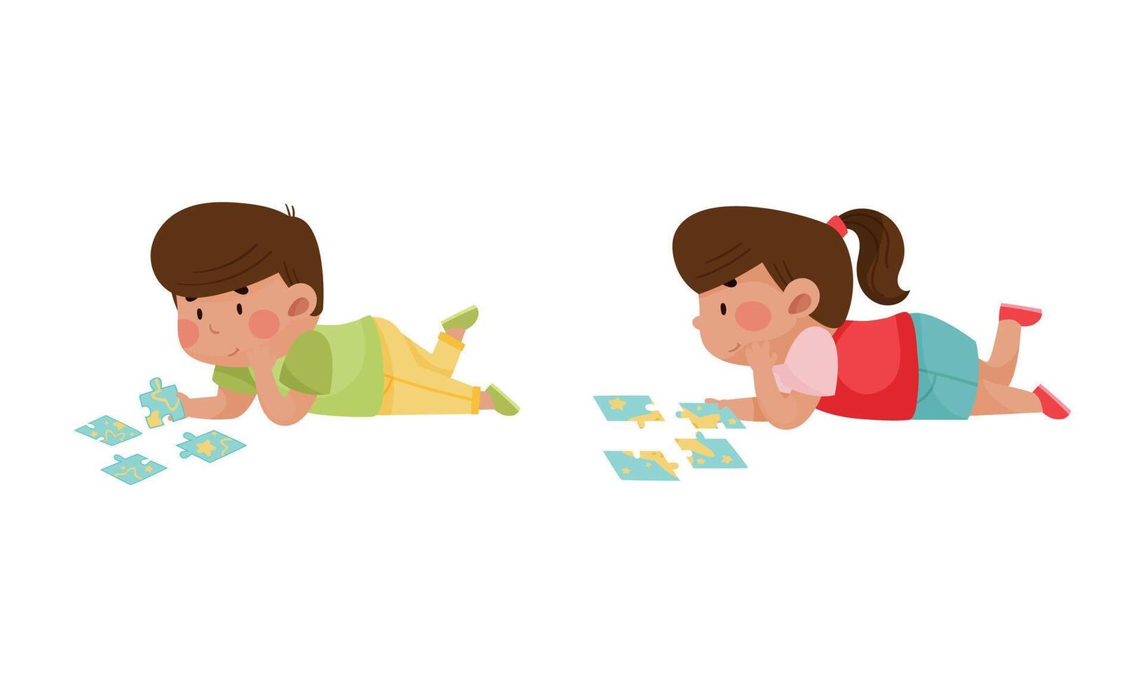 Little Boy and Girl Playing with Jigsaw Puzzle in Playroom Set vector