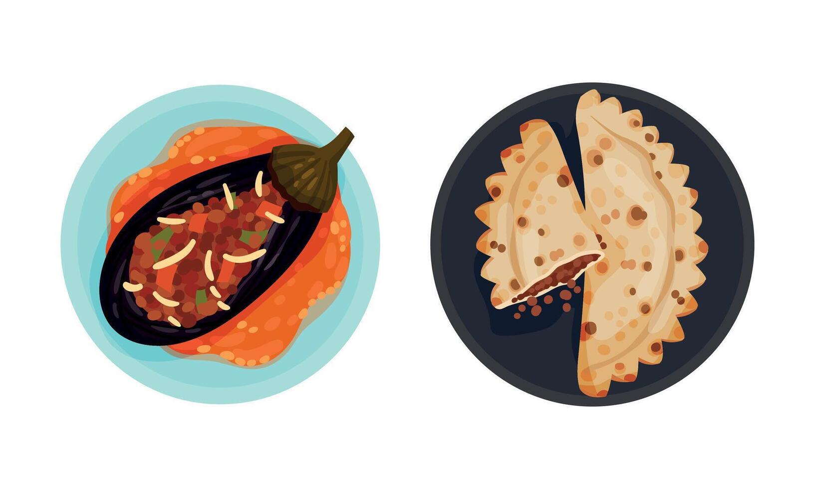 Turkish National Food with Stuffed Eggplant and Dumpling Above View Set vector