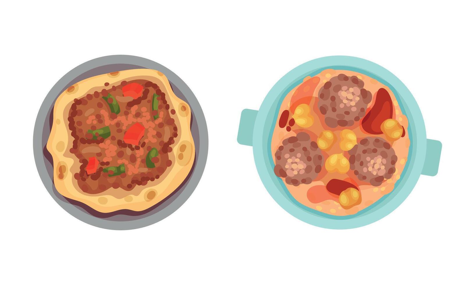 Turkish National Food with Pie and Meat Balls Above View Set vector