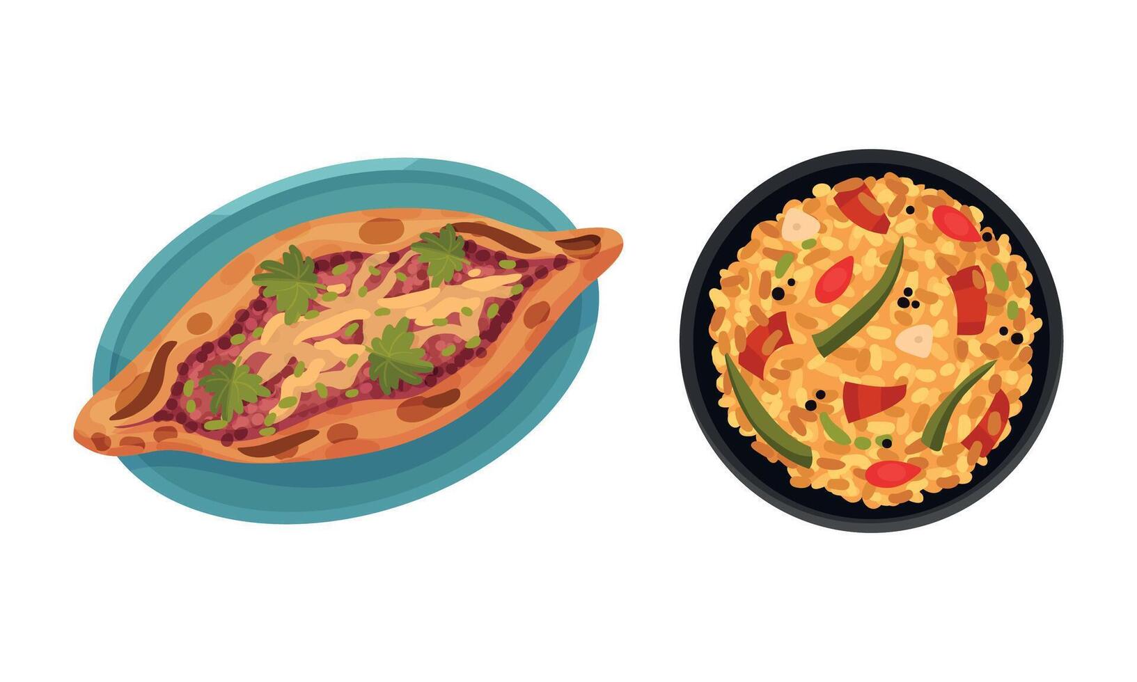 Turkish National Food with Pide Pizza and Pilaf with Vegetables Above View Set vector