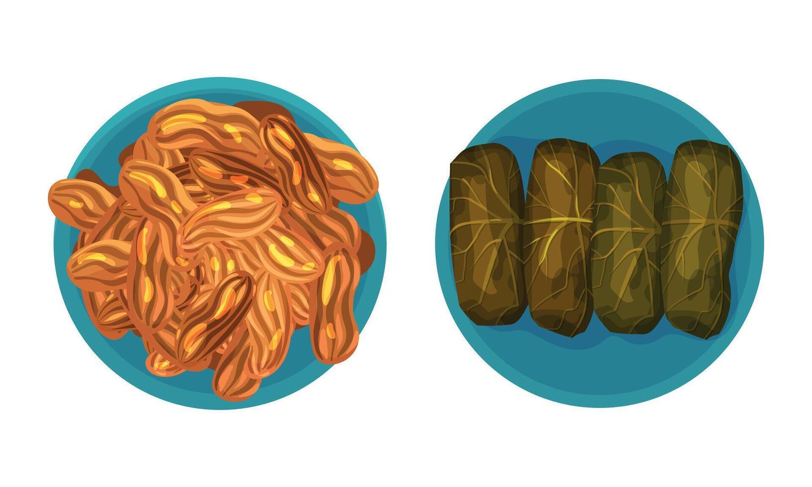Turkish National Food with Stuffed Dolma and Sweet Pastry Above View Set vector