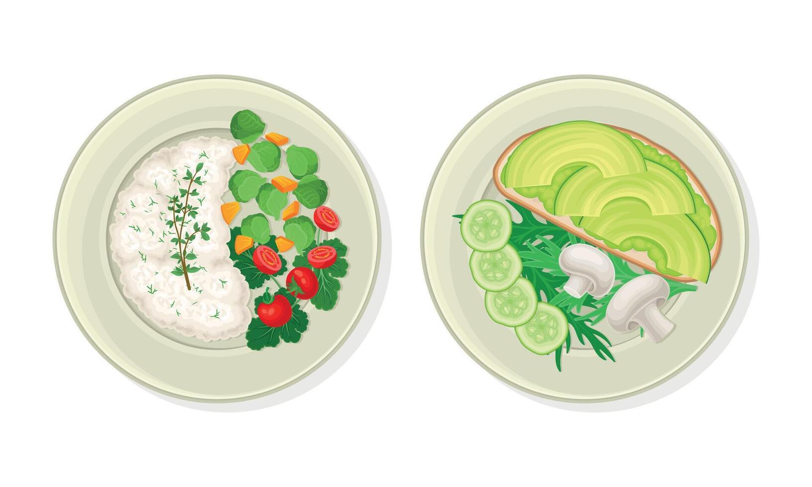 Porridge with Vegetables and Sandwich with Avocado as Vegetarian Dish Above View Set vector