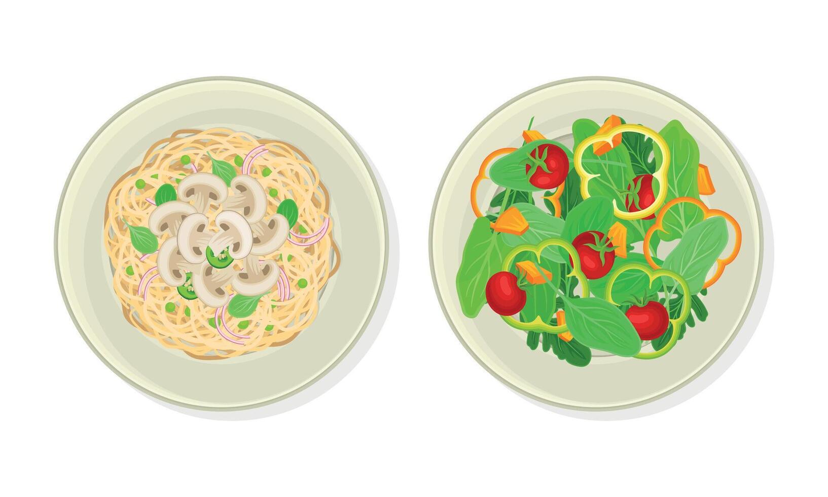 Noodles with Mushroom Garnish and Green Vegetable Salad as Vegetarian Dish Above View Set vector