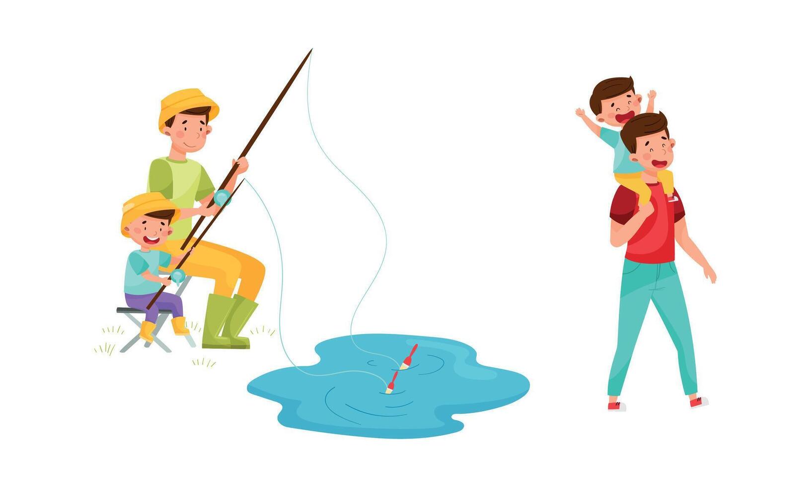 Loving Father and His Son Fishing and Walking Spending Weekend Together Set vector