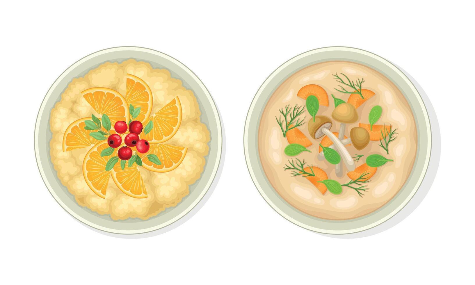 Porridge with Sliced Orange and Mushroom Creamy Soup as Vegetarian Dish Above View Set vector