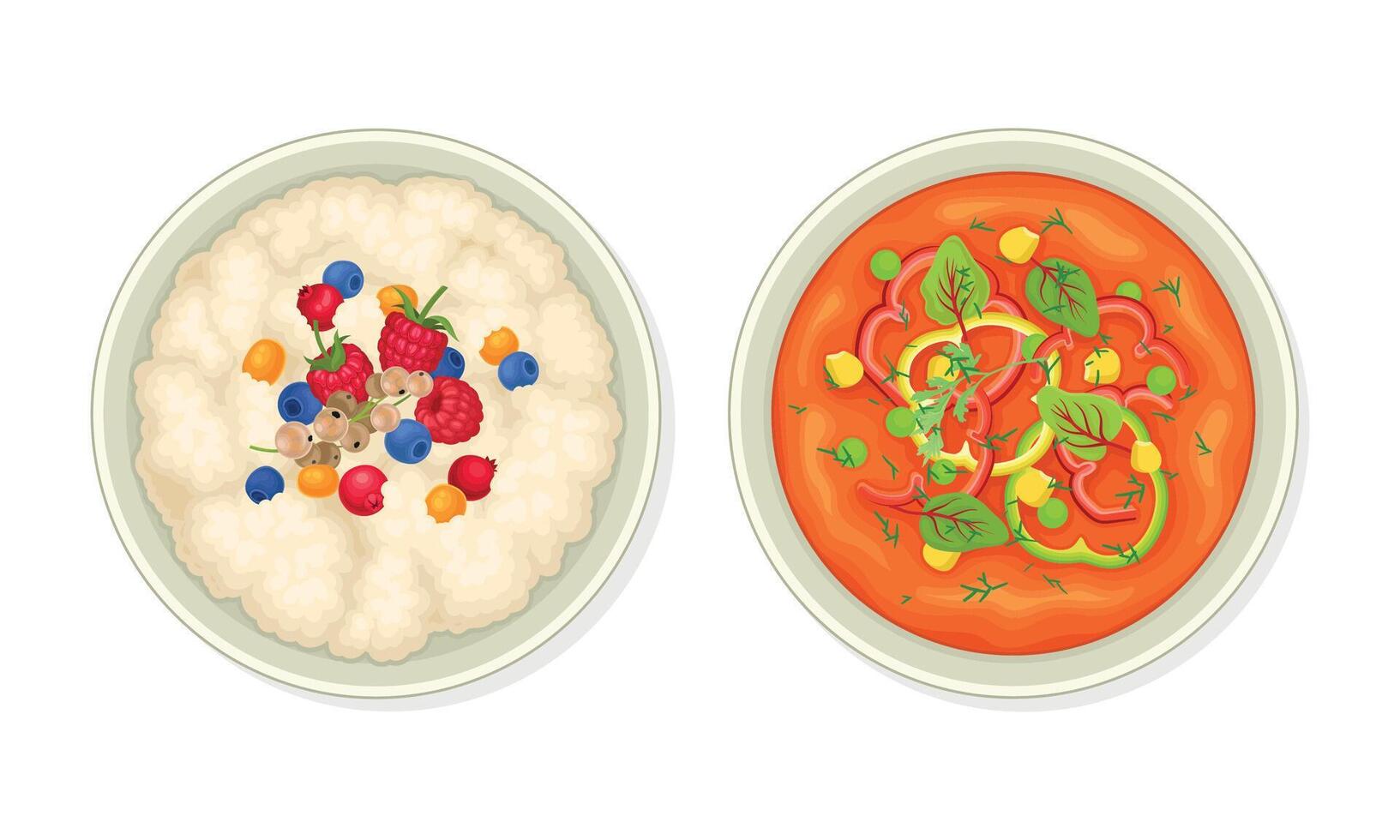 Porridge with Berry and Creamy Tomato Soup as Vegetarian Dish Above View Set vector