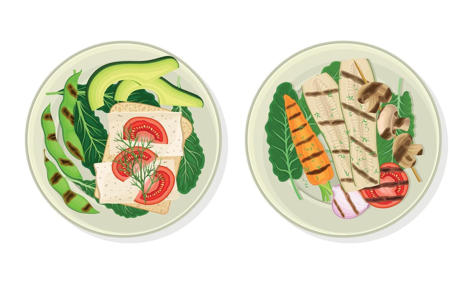 Grilled Vegetables and Sandwich with Tofu Soy Cheese as Vegetarian Dish Above View Set vector