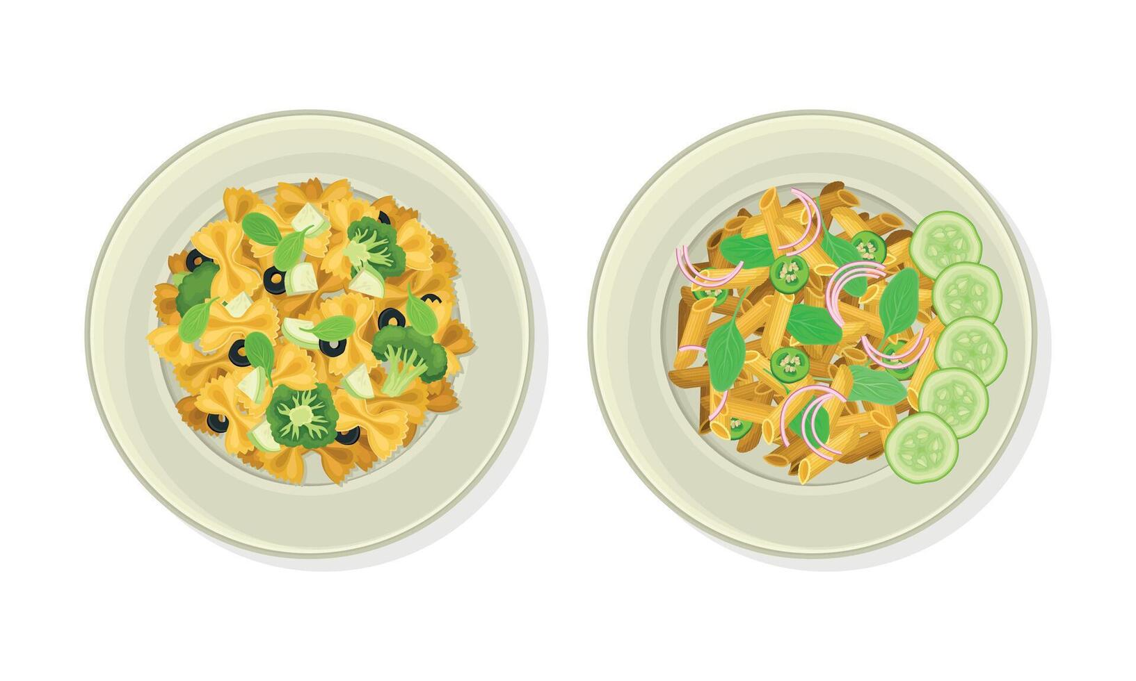 Pasta with Green Vegetables and Potherbs as Vegetarian Dish Above View Set vector