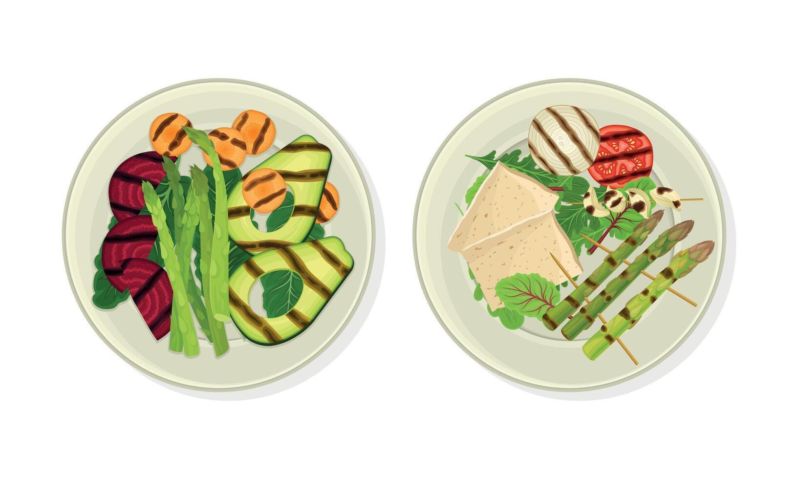 Grilled Vegetables with Tofu and Asparagus as Vegetarian Dish Above View Set vector