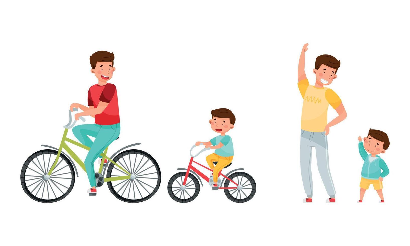 Loving Father and His Son Doing Physical Exercise and Riding Bicycle Spending Weekend Together Set vector