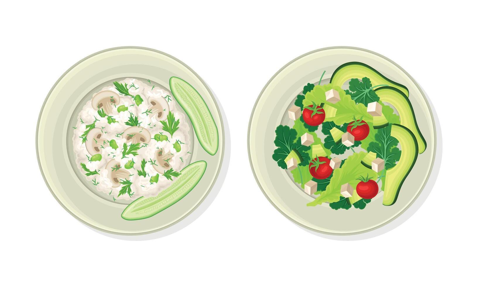 Porridge with Mushroom and Green Salad with Vegetables as Vegetarian Dish Above View Set vector