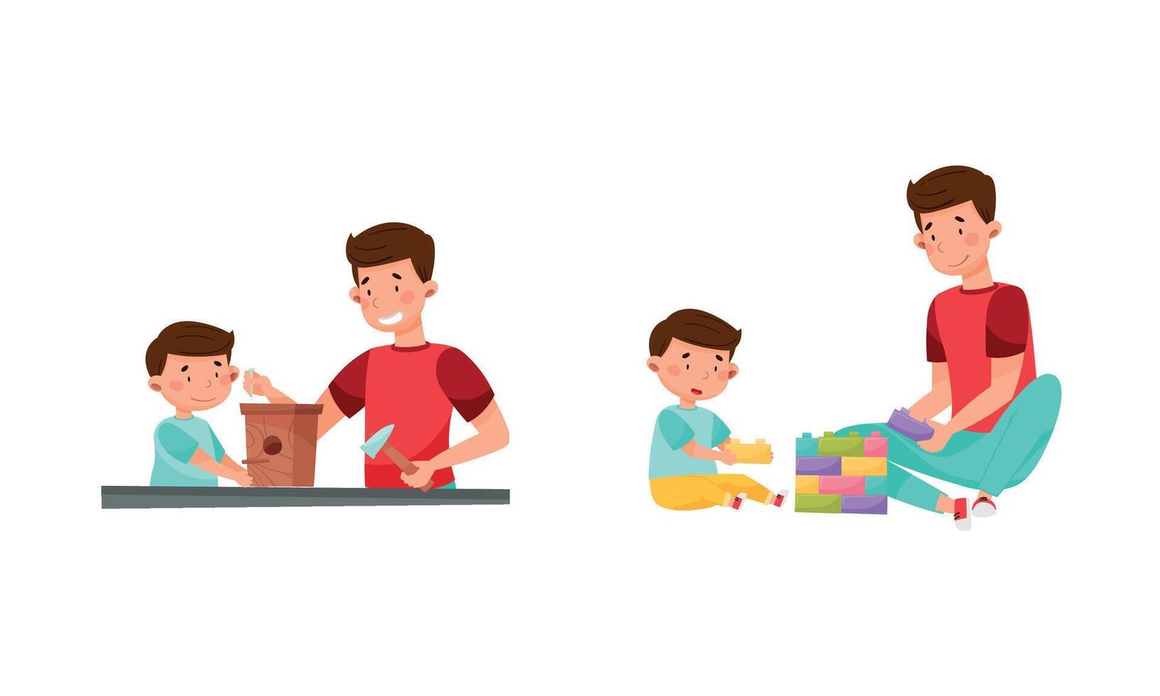 Loving Father and His Son Making Nesting Box and Playing Toy Blocks Spending Weekend Together Set vector