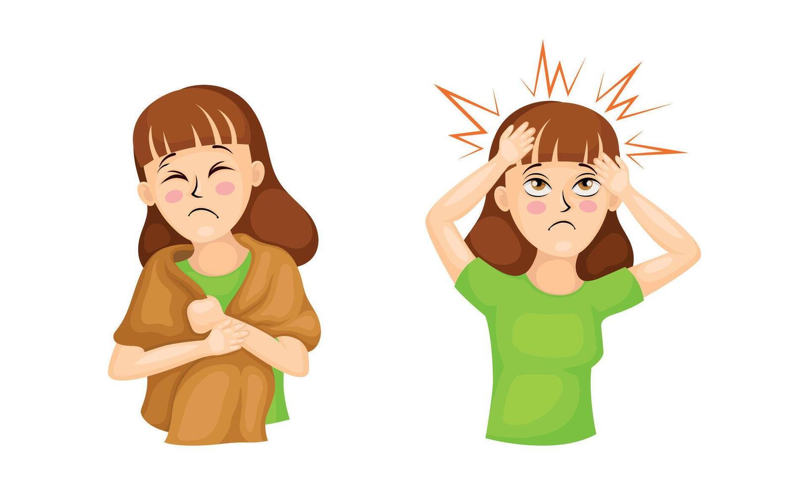 Young Woman Having Headache and Fever Suffering from Coronavirus Symptom Set vector