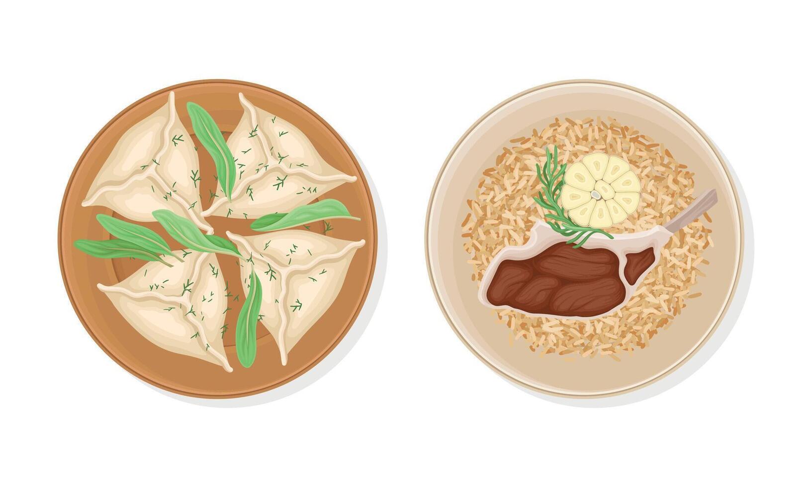 Traditional Dish of Uzbek Cuisine with Pilaf and Dumplings Served on Plate Above View Set vector