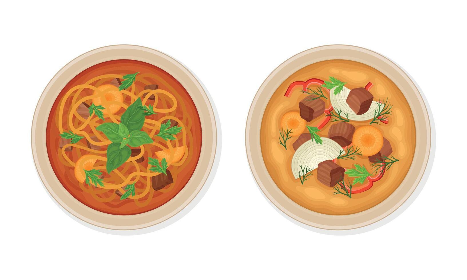 Traditional Dish of Uzbek Cuisine with Noodle Soup and Meat Thick Stew Served on Plate Above View Set vector