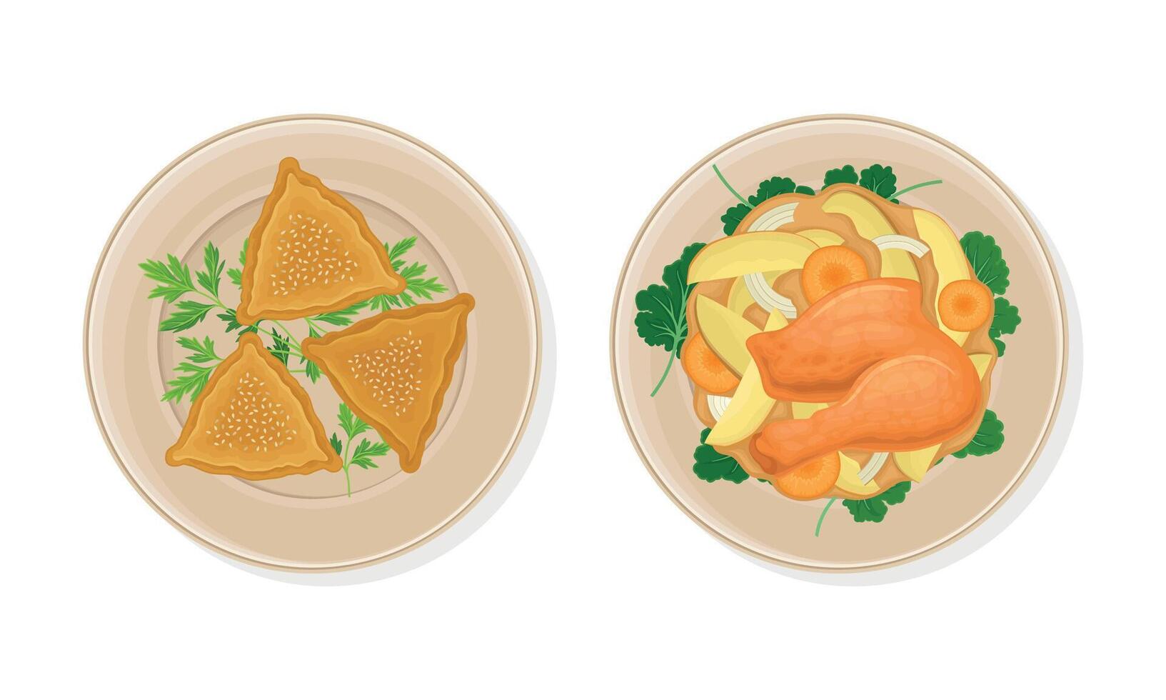 Traditional Dish of Uzbek Cuisine with Stuffed Pastry and Meat Gravy Served on Plate Above View Set vector