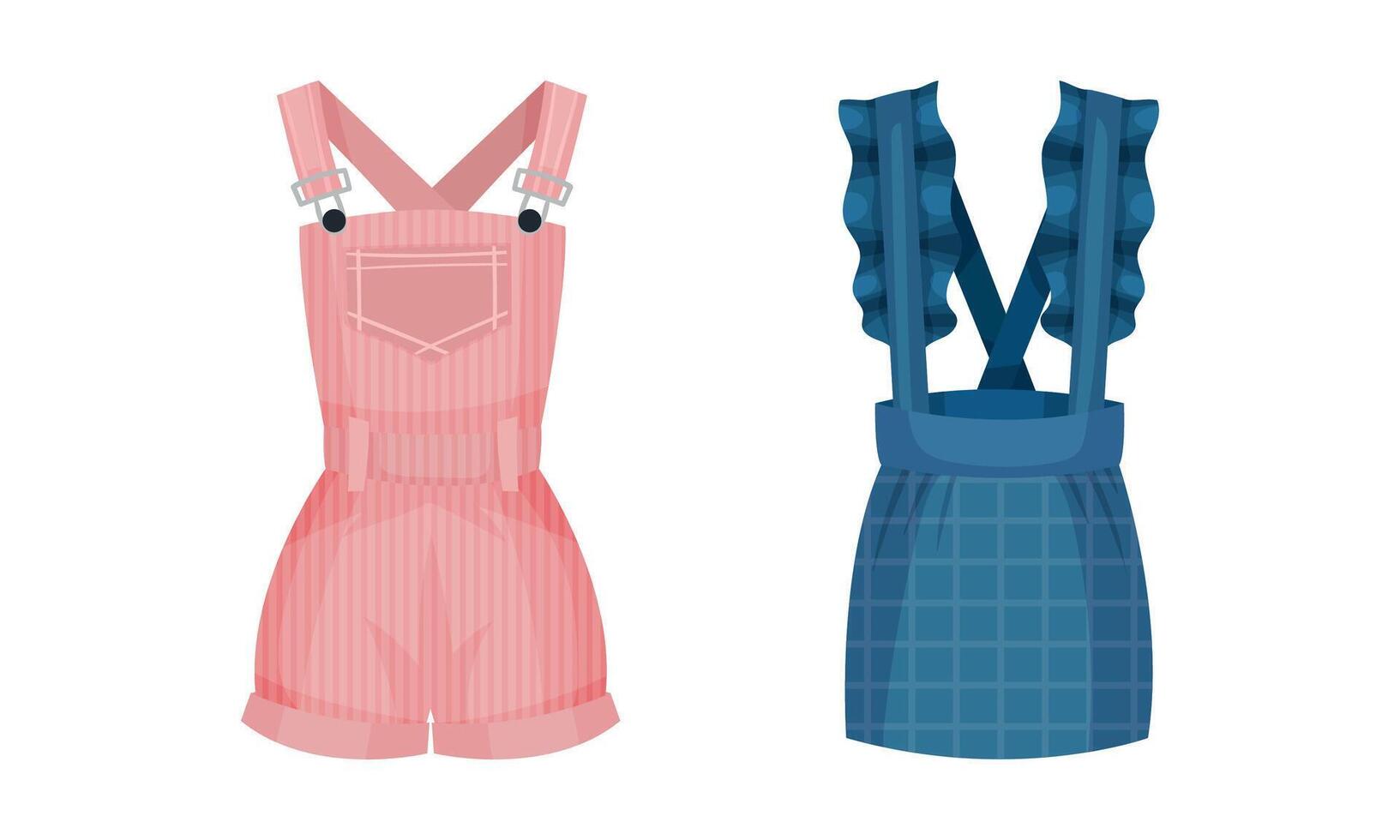 Blue and Pink Pinafore Dress with Skirt and Shoulder Strap Set vector