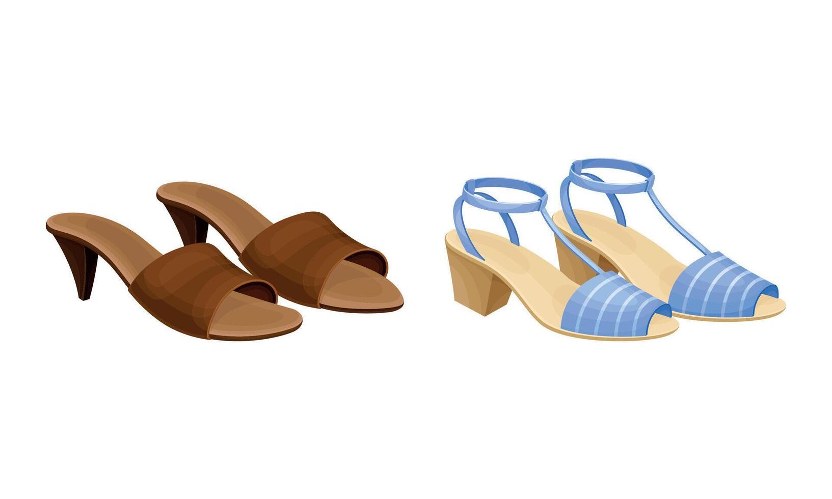 Blue and Brown Open Toe Womens Shoes with Heels Set vector