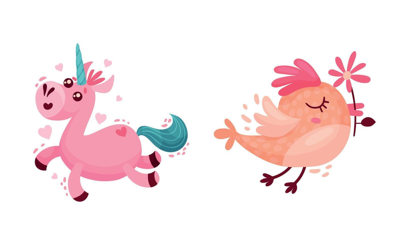 Pink Unicorn and Cute Birdie with Flower in Beak as Saint Valentine Day Symbol Set vector
