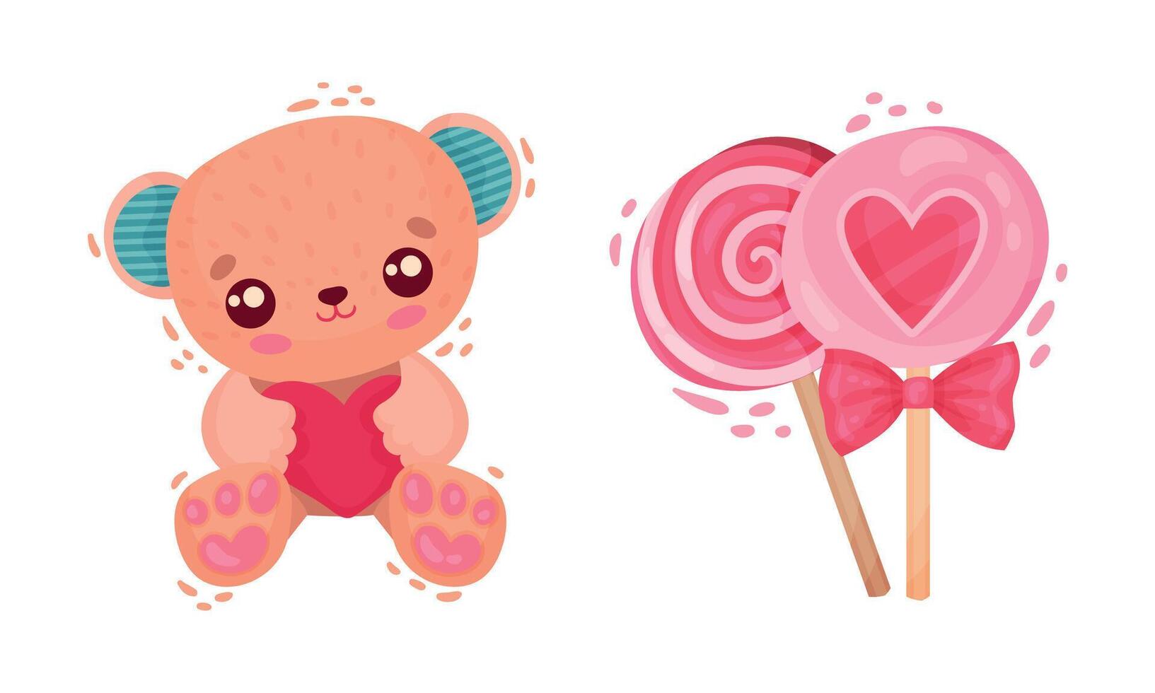 Teddy Bear Holding Heart and Sweet Candy on Stick as Saint Valentine Day Symbol Set vector