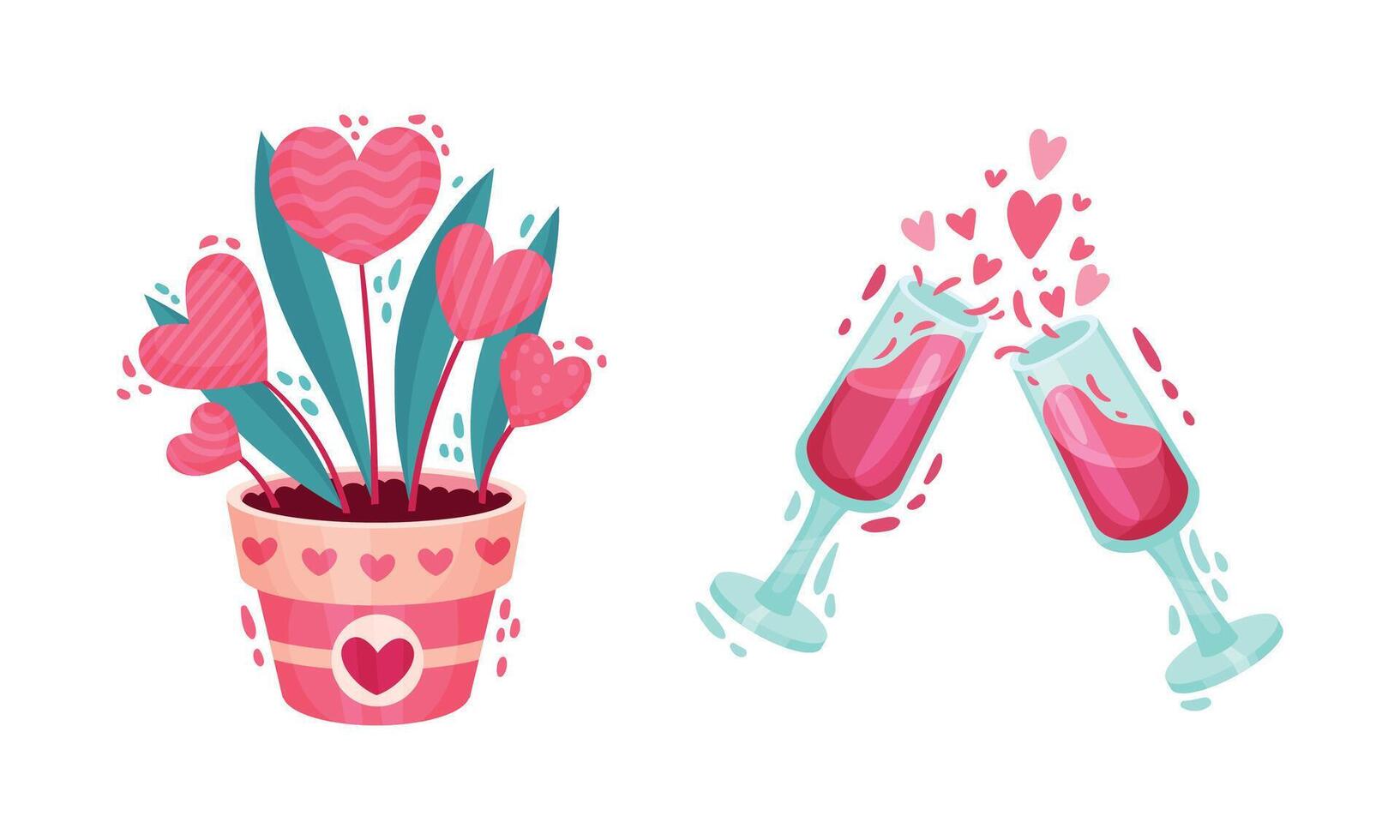 Flowerpot with Heart and Wine Glass as Saint Valentine Day Symbol Set vector