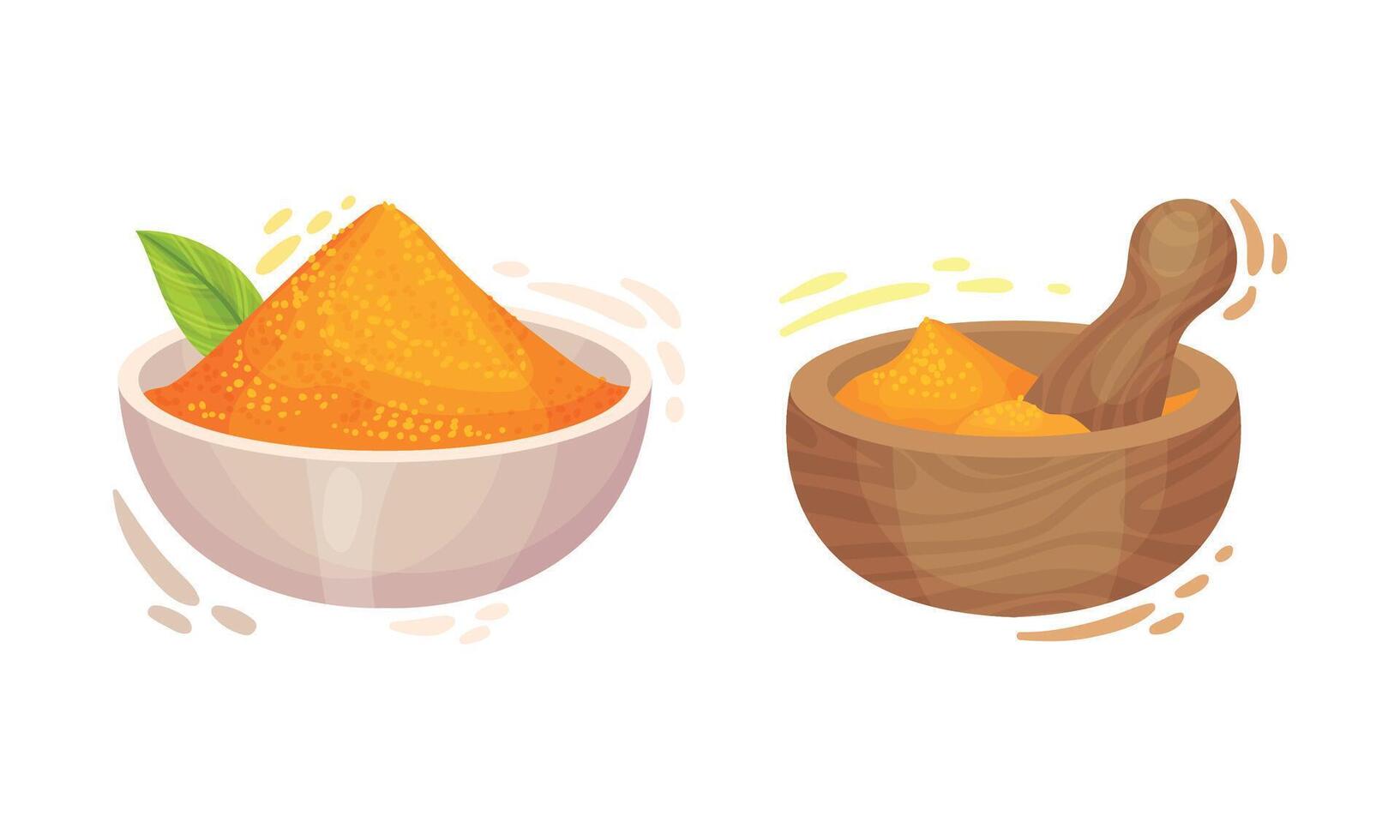 Turmeric Rhizome or Root Powder in Bowl and Mortar with Pestle Set vector