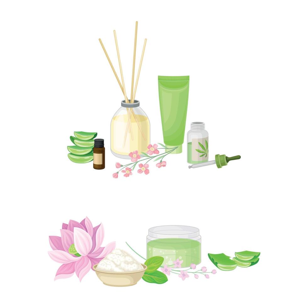 Spa Treatment Composition with Incense Sticks, Aloe and Salt for Energy Body Massage Set vector