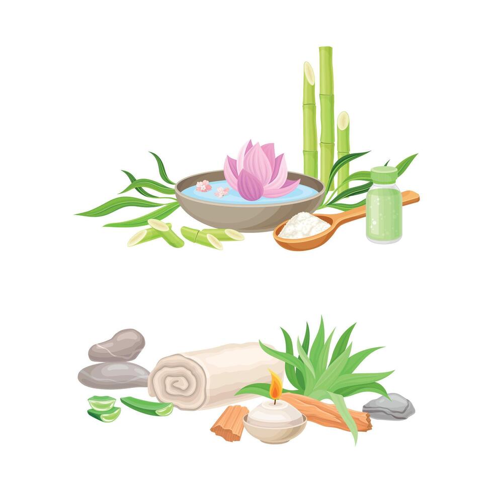 Spa Treatment Composition with Sandalwood, Rolled Towel and Stones for Energy Body Massage Set vector