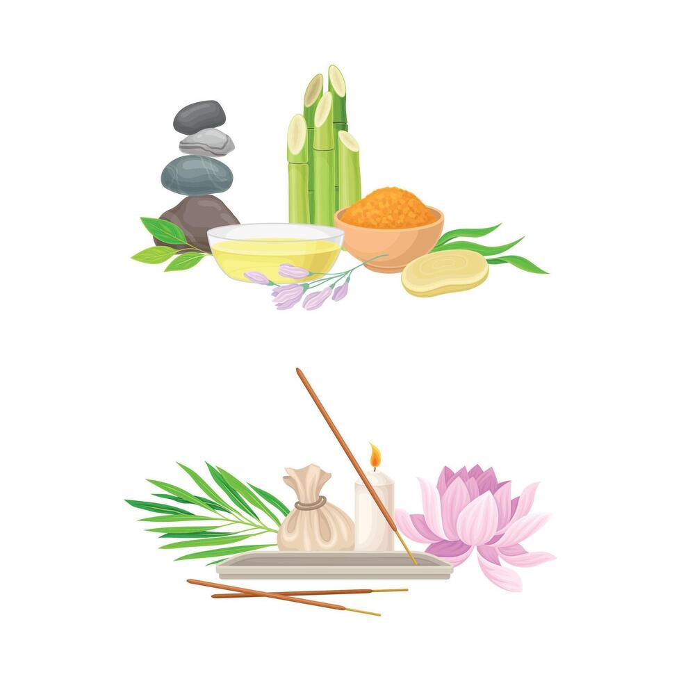 Spa Treatment Composition with Bamboo, Essential Oil and Incense Sticks for Energy Body Massage Set vector