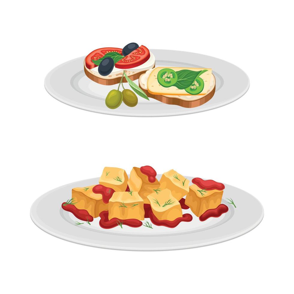 Tapas with Sauce and Sandwich with Cheese and Olive as Spanish Cuisine Dish Set vector