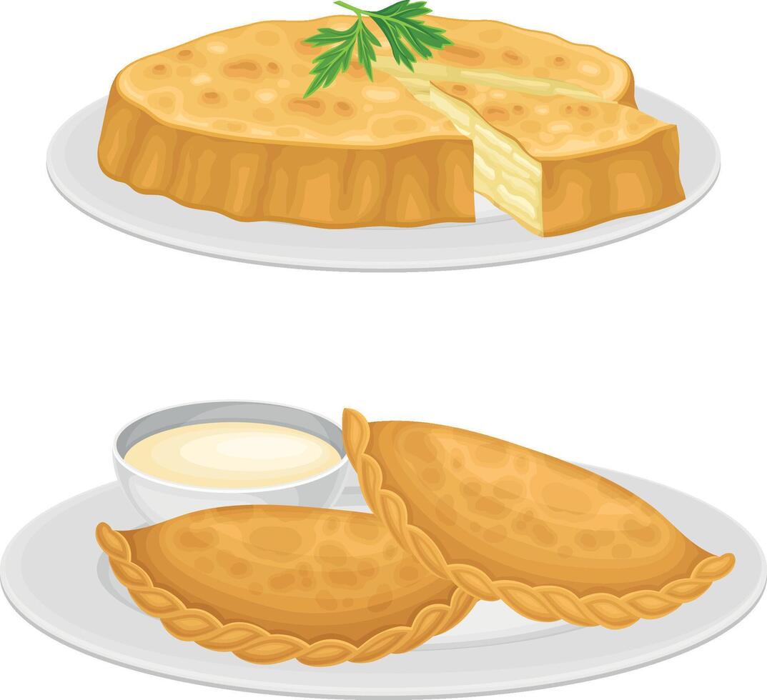 Pie with Savory Stuffing and Empanada as Spanish Cuisine Dish Set vector