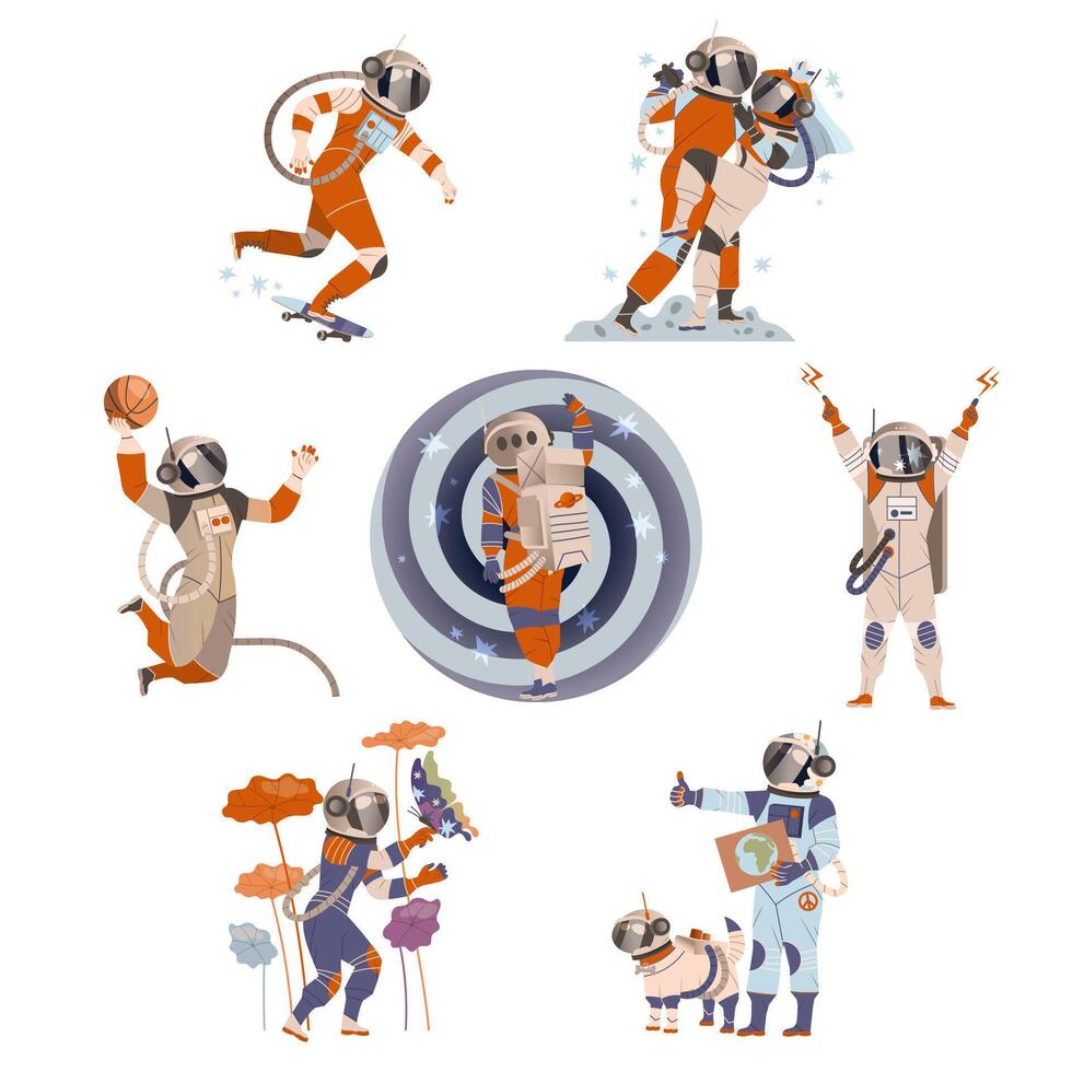 Spaceman or Astronaut in Space Suit on the Moon Skateboarding and Playing Basketball Set vector