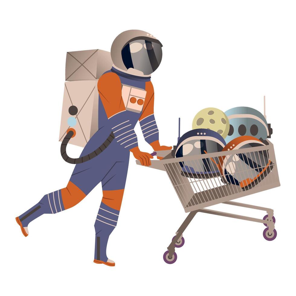 Spaceman or Astronaut Man Character in Space Suit on the Moon Pushing Shopping Cart with Helmet Illustration vector
