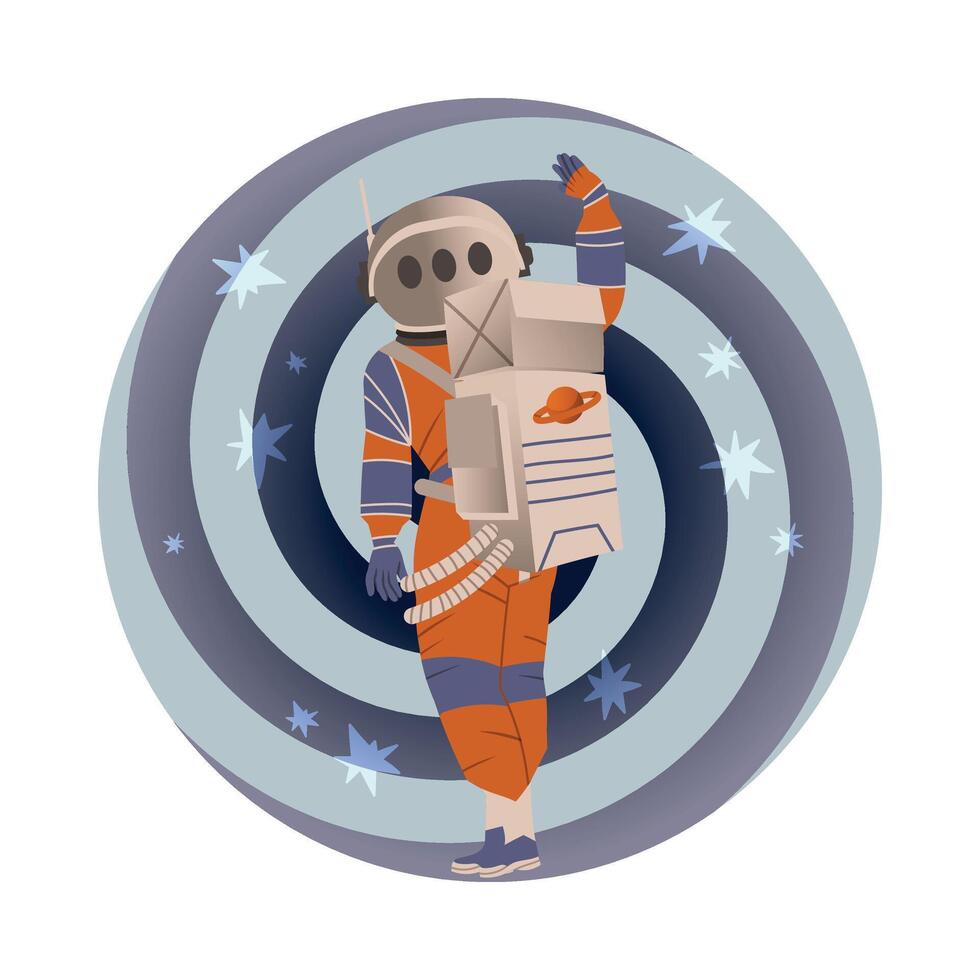 Spaceman or Astronaut Man Character in Space Suit on the Moon Waving Hand Illustration vector