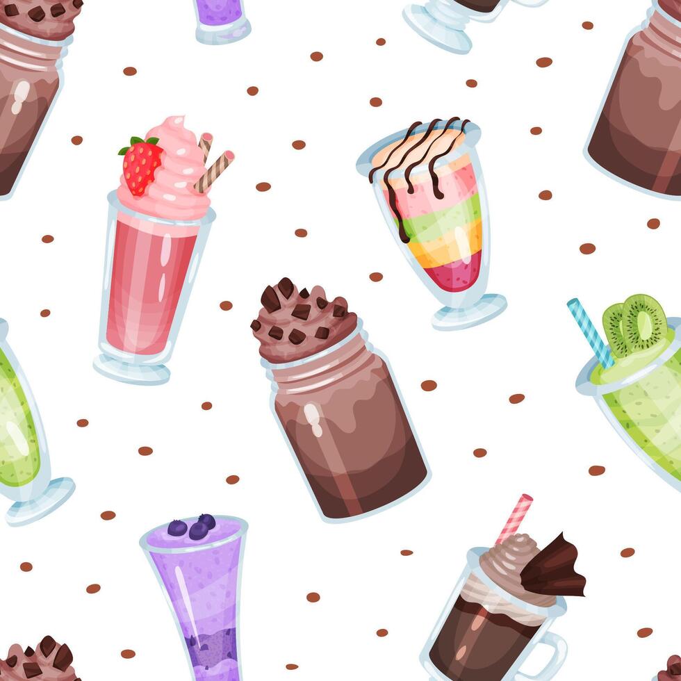 Sweet Cocktail and Milkshake as Drink of Blending Milk and Ice Cream with Flavoring Seamless Pattern Template vector
