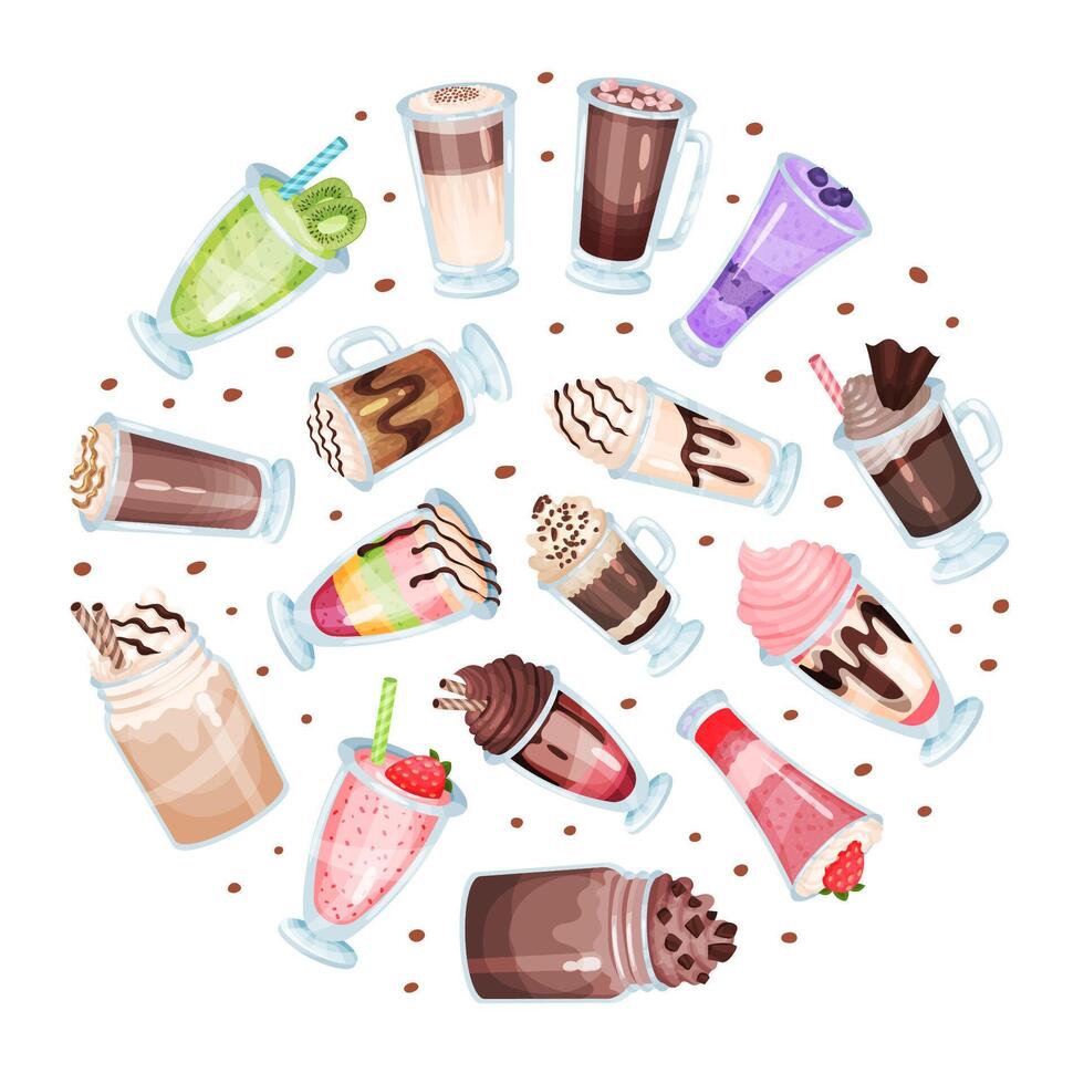 Sweet Cocktail and Milkshake as Drink of Blending Milk and Ice Cream with Flavoring Circle Arrangement Template vector