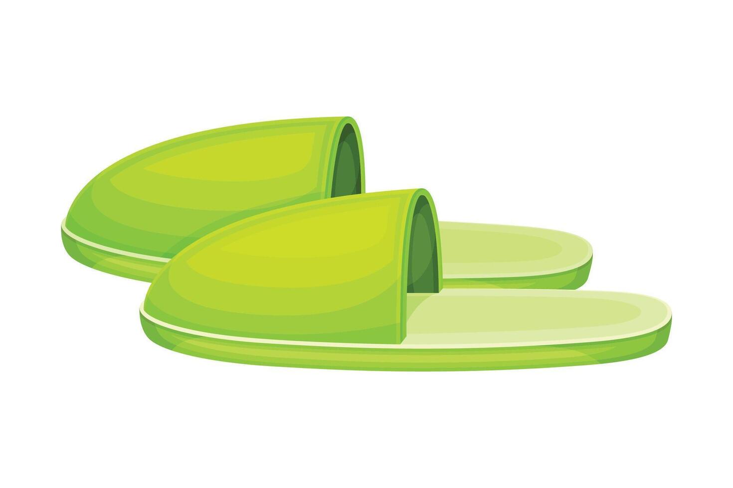 Pair of green textile slippers, soft comfortable footwear for home, flip flops shoes cartoon illustration vector