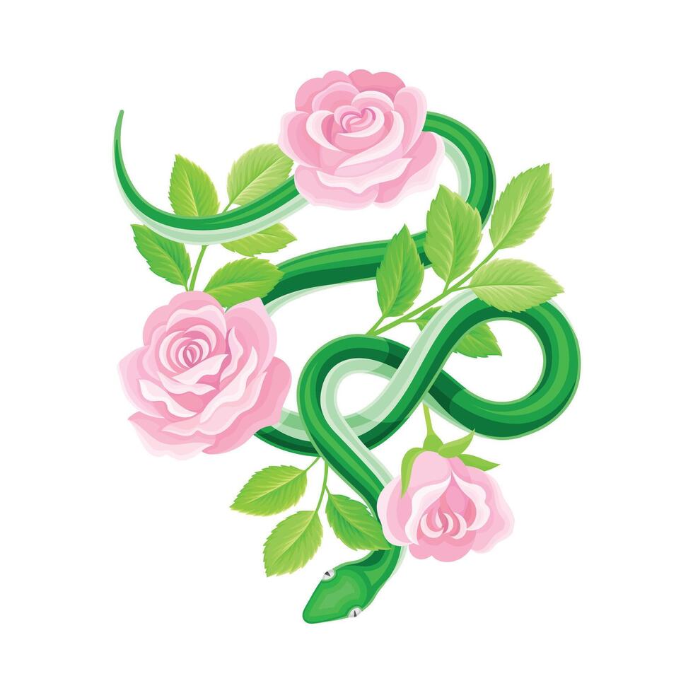 Green snake coiled around pink rose flowers illustration vector