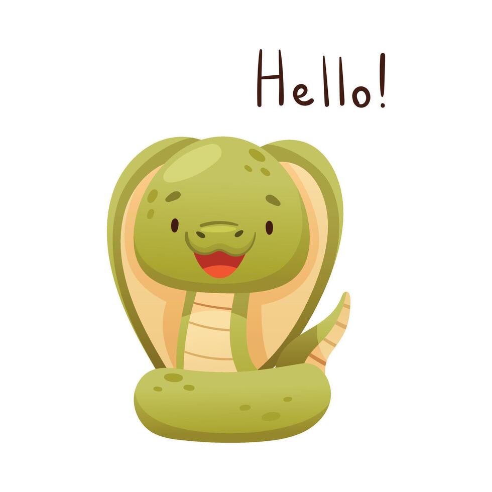Cute green snake saying Hello. Funny wild reptile baby animal cartoon illustration vector