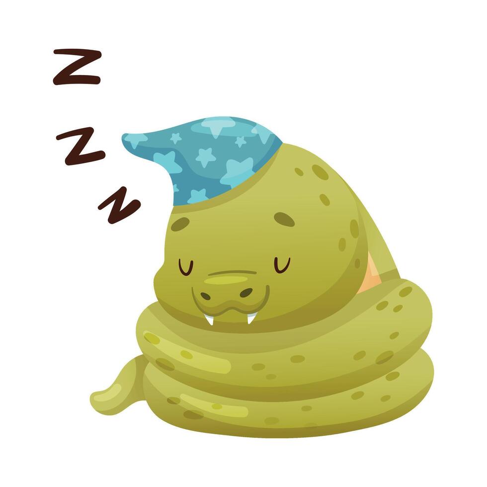 Cute sleeping green snake. Funny wild reptile baby animal cartoon illustration vector