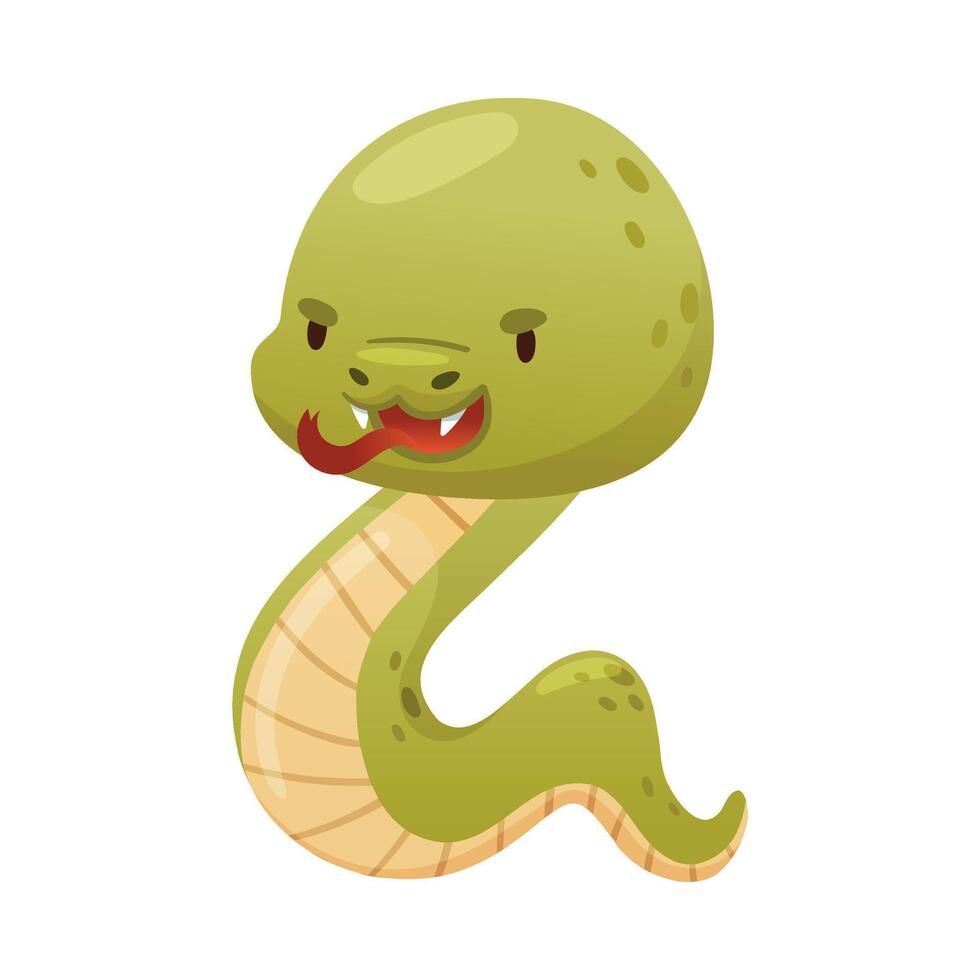 Cute green snake with fangs. Funny wild reptile baby animal cartoon illustration vector